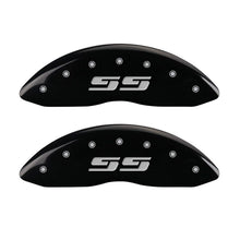 Load image into Gallery viewer, MGP 4 Caliper Covers Engraved Front &amp; Rear Silverado style/SS Black finish silver ch Caliper Covers MGP
