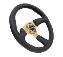 Load image into Gallery viewer, NRG Reinforced Steering Wheel (350mm / 2.5in. Deep) Leather Race Comfort Grip w/4mm Gold Spokes Steering Wheels NRG
