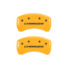 Load image into Gallery viewer, MGP 4 Caliper Covers Engraved Front &amp; Rear Block/Charger Yellow Finish Black Char 2006 Dodge Charger Caliper Covers MGP
