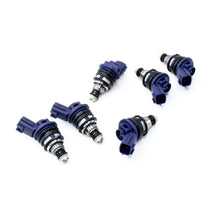 Load image into Gallery viewer, Set of six DeatschWerks 740cc side feed injectors for 6-cylinder engines with blue connectors
