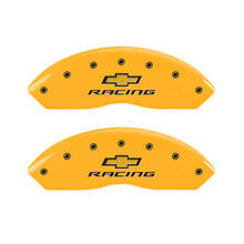 Load image into Gallery viewer, MGP 4 Caliper Covers Engraved Front &amp; Rear Chevy Racing Yellow Power Coat Finish Black Characters Caliper Covers MGP
