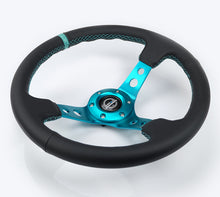 Load image into Gallery viewer, NRG Reinforce Steering Wheel (350mm / 3in. Deep) Blk Leather, Teal Center Mark w/ Teal Stitching Steering Wheels NRG
