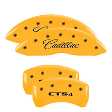Load image into Gallery viewer, MGP 4 Caliper Covers Engraved Front Cursive/Cadillac Engraved Rear CTS4 Yellow finish black ch Caliper Covers MGP
