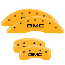 Load image into Gallery viewer, MGP 4 Caliper Covers Engraved Front &amp; Rear GMC Yellow finish black ch Caliper Covers MGP
