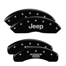 Load image into Gallery viewer, MGP 4 Caliper Covers Engraved Front Jeep Rear Grill Logo Black Finish Silver Char 2019 Jeep Wrangler Caliper Covers MGP
