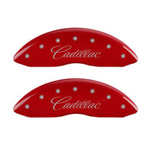 Load image into Gallery viewer, MGP 4 Caliper Covers Engraved Front Cursive/Cadillac Engraved Rear CTS Red finish silver ch Caliper Covers MGP
