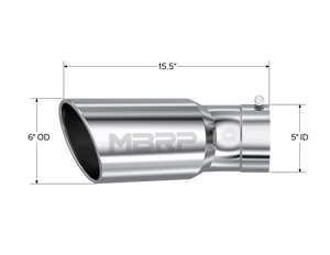 MBRP Universal Tip 6in OD 5in Inlet 15.5in Length 30 Deg Bend Angled Rolled End T304 Steel Tubing MBRP   