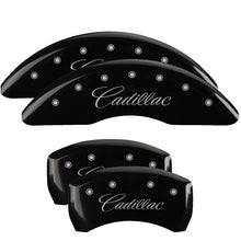 Load image into Gallery viewer, MGP 4 Caliper Covers Engraved F &amp; R Cursive/Cadillac Black Finish Silver Char 2016 Cadillac CT6 Caliper Covers MGP

