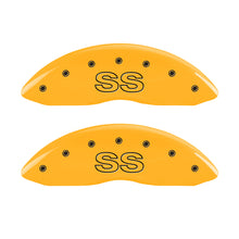 Load image into Gallery viewer, MGP 4 Caliper Covers Engraved Front &amp; Rear Classic/SS Yellow Finish Black Char 2000 Chevrolet Camaro Caliper Covers MGP
