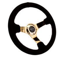 Load image into Gallery viewer, NRG Reinforced Steering Wheel (350mm / 3in. Deep) Blk Suede w/Red BBall Stitch &amp; Chrome Gold 3-Spoke Steering Wheels NRG
